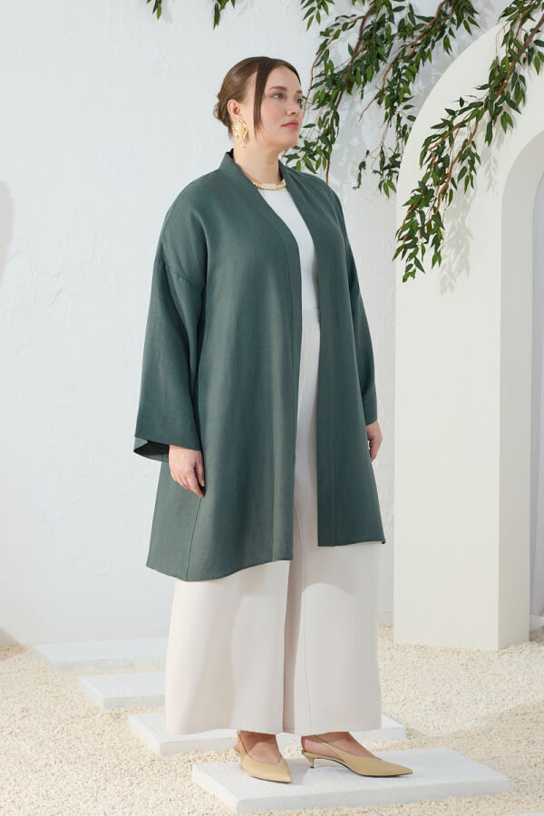 Zümrüt Dökümlü Keten Kimono - 5